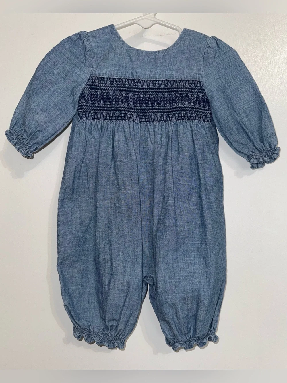 Ralph Lauren Romper Baby Girls 3 Months Blue Smocked Chambray Denim